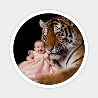 Tiger, with its Eyes Closed and a Content Expression, is Nestled Close to the Baby, Almost as if they are Cuddling Magnet